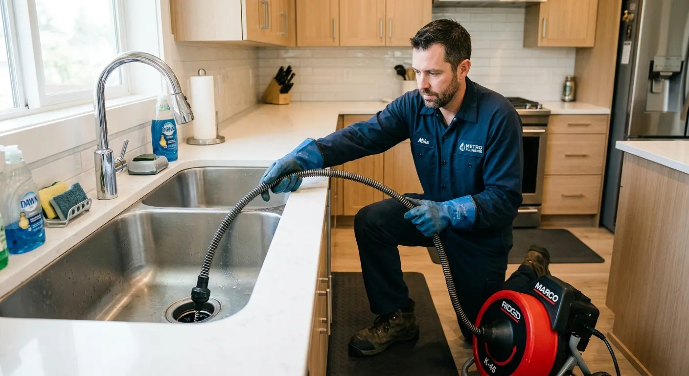 Drain cleaning technician using a motorized snake on a kitchen sink in West Hanover