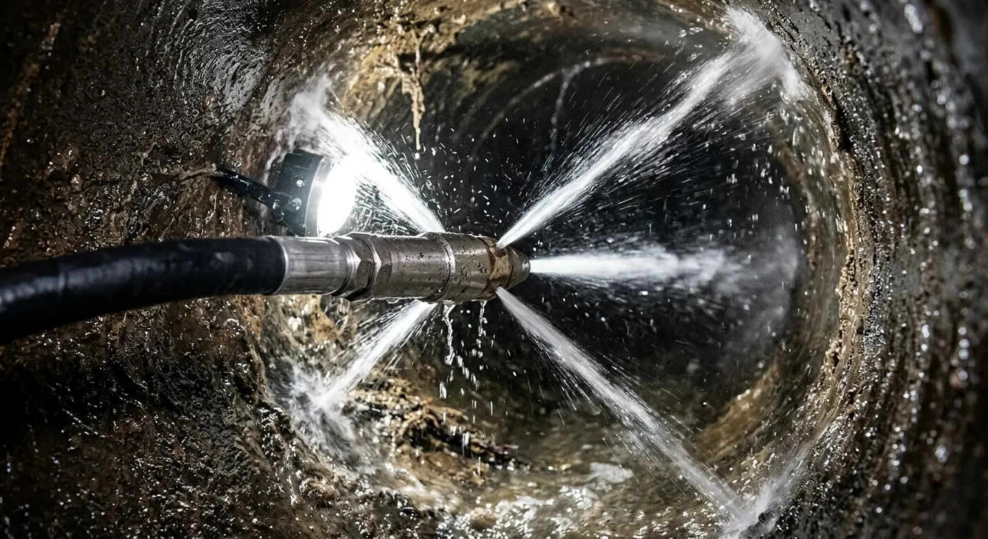 High-pressure hydro jetting nozzle cleaning sewer pipe for Emergency Drain Service in West Hanover